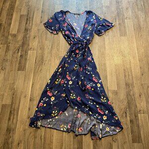 Simplee Blue Floral Wrap Dress Size Small Short Sleeve